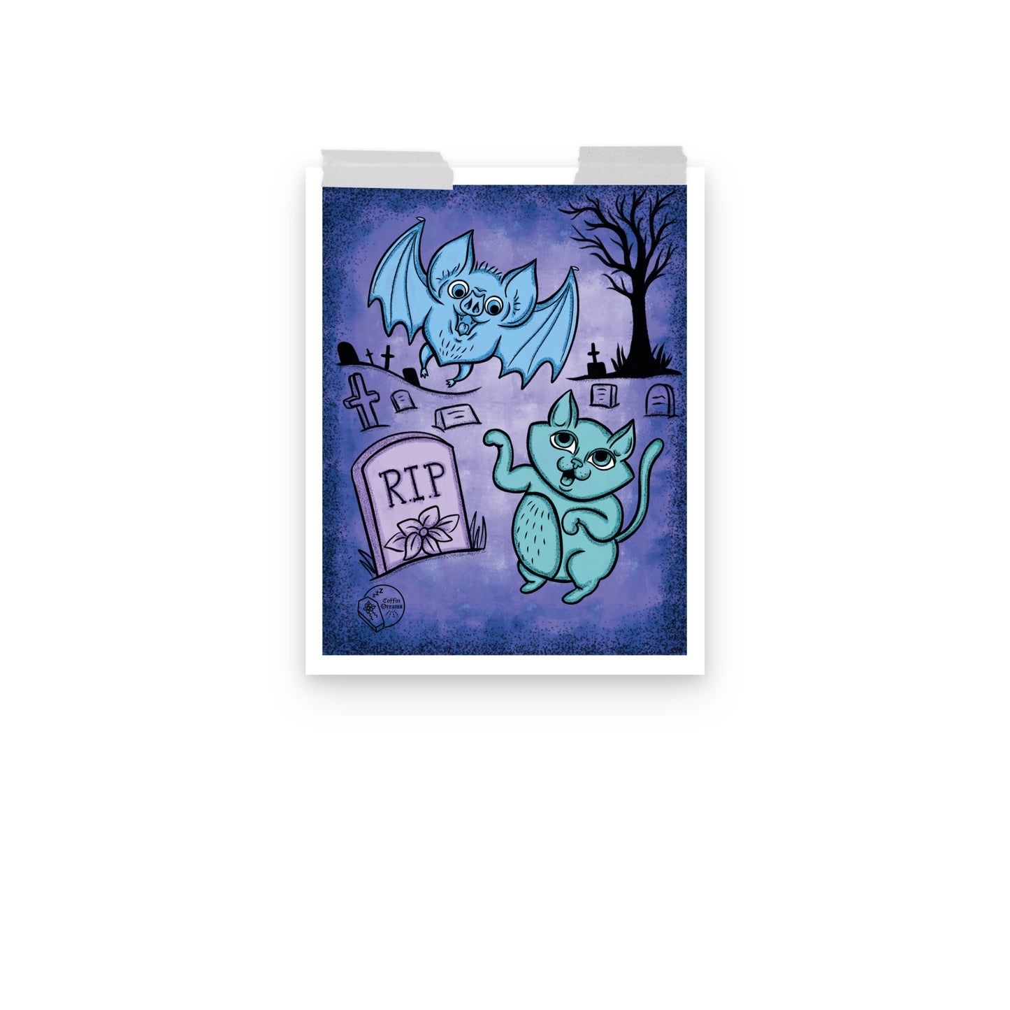 Vintage Halloween Bat & Cat Print
