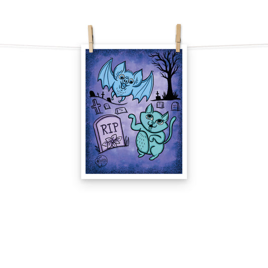 Vintage Halloween Bat & Cat Print